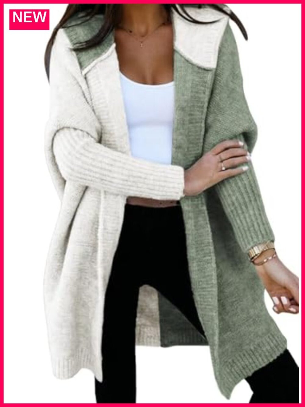 Women Hooded Knit Cardigan Sweater Color Block Open Front